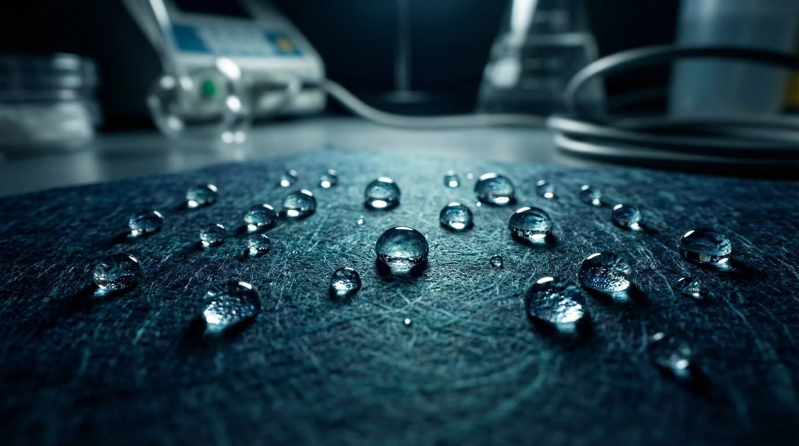 Water droplets beading on BEST-treated cellulose paper surface demonstrating hydrophobic barrier performance