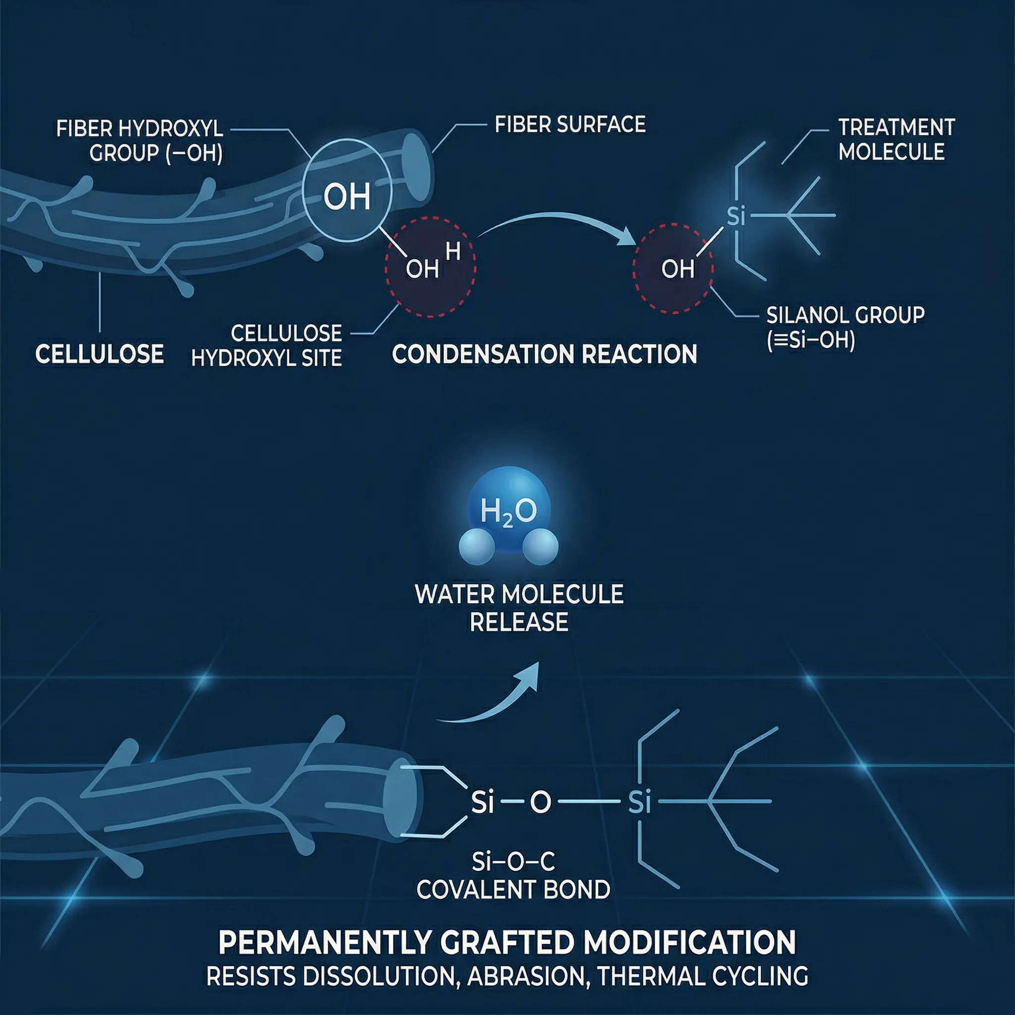 Covalent bonding: condensation reaction forming Si-O-C bonds between treatment molecule and cellulose fiber