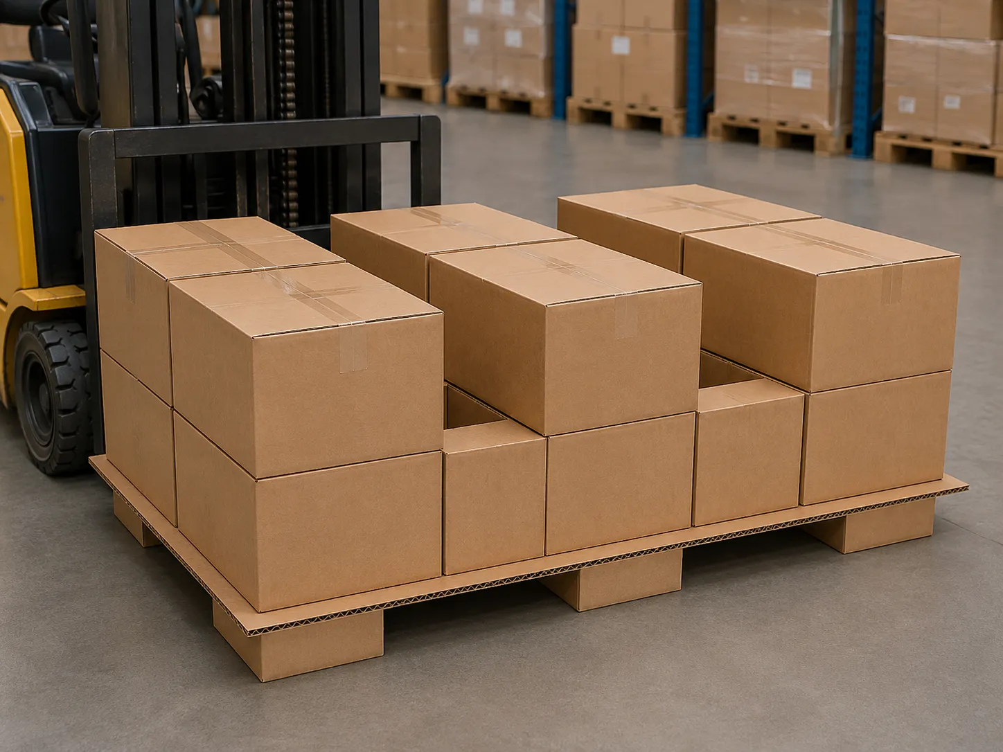 BEST-treated paper pallet in industrial warehouse showing water resistance